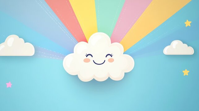 Happy cartoon cloud with rainbow and stars on light blue background.