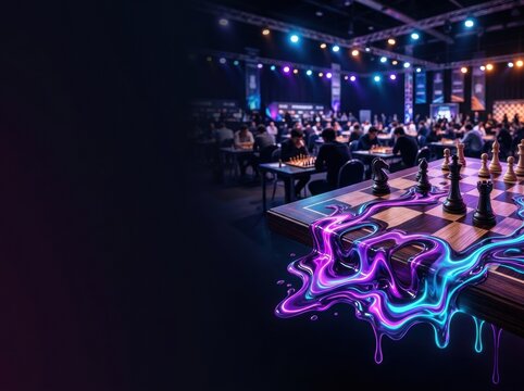 Chess tournament in modern hall with vibrant lighting and audience  