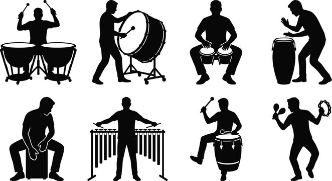 Percussion Musicians Silhouette Collection with Drummers and Hand Percussion Players Vector Set