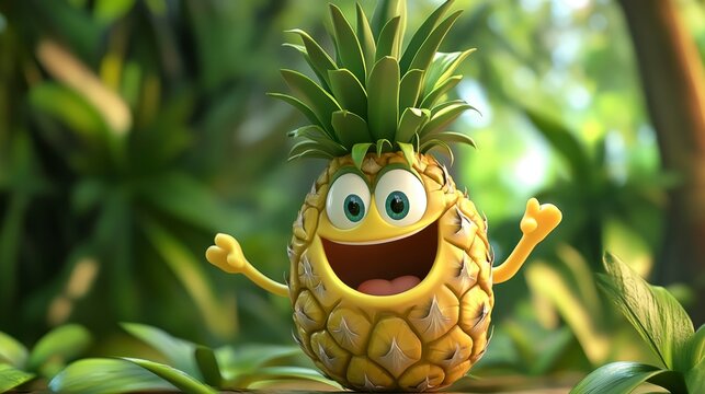 Happy cartoon pineapple character in lush green tropical foliage.