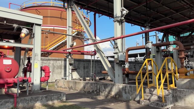 Large red hydrant pipes run across industrial site