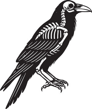 Silhouette of a crow with visible internal skeleton structure on plain background.