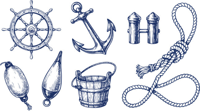 Hand drawn vintage nautical elements collection including anchors, ship wheels, ropes, and buoys on grey background