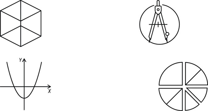 Mathematics and Geometry Line Icon Set with Cube Compass Tool Coordinate Graph Function and Pie Chart Fractions Symbols for Education Vector Designs