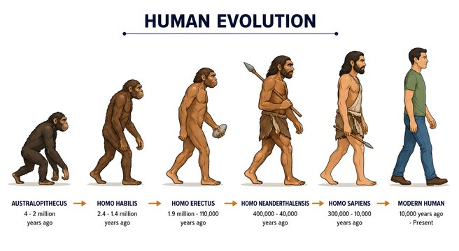 Educational Chart of Human Evolution from Ancient Hominins to Modern Humans