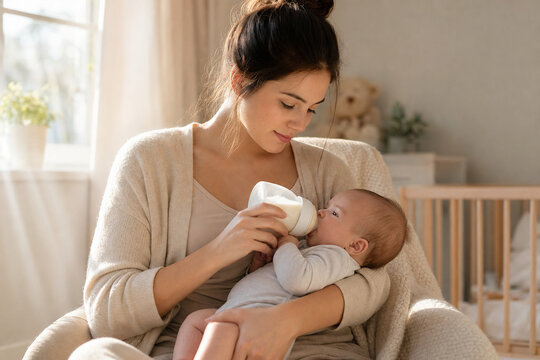 Mother bottle feeding her infant in nursery