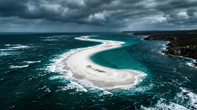 Aerial drone view of a winding white sand spit emerging from stormy ocean waters, dramatic clouds.