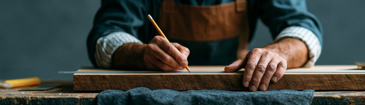 Carpenter hands measuring a wooden board with a metal ruler and pencil. Craftsman in a leather apron working in a dark workshop. Woodworking and carpentry concept