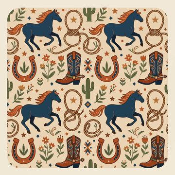A seamless pattern featuring horses and western themed objects