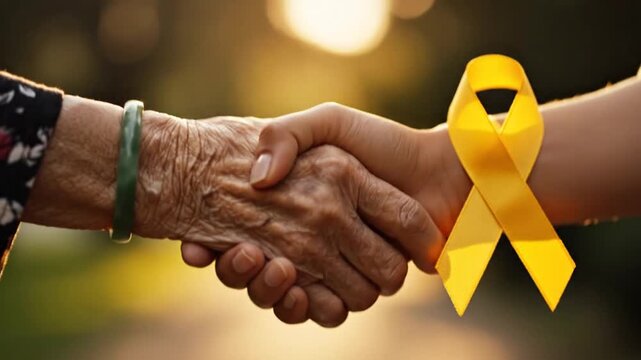 Generational handshake with yellow awareness ribbon, sunlit outdoors, hope, support