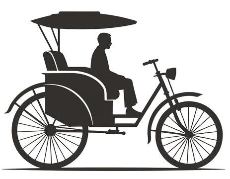 Minimalist vector silhouette illustration of a traditional trishaw bike with a passenger for urban travel and retro transportation design concepts