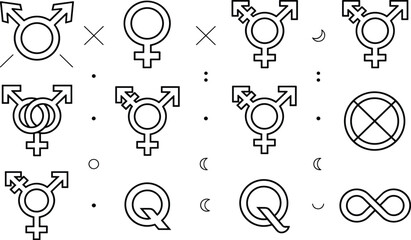 Gender Identity and Transgender Pride Line Icon Set with Non Binary Female Queer and Infinity Symbols for LGBTQ Plus Social Equality Vector Designs © Morjina