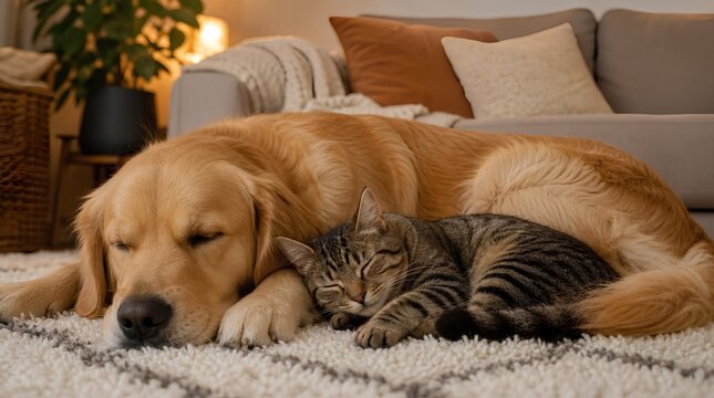 A golden retriever and tabby cat sleep together on a cozy living room rug, suggesting pet companionship, calm home life, and veterinary or adoption marketing.