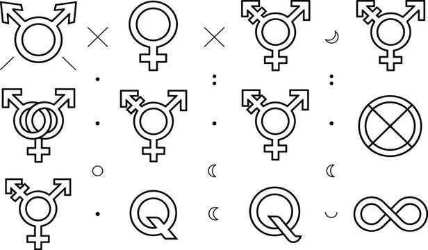 Gender Identity and Transgender Pride Line Icon Set with Non Binary Female Queer and Infinity Symbols for LGBTQ Plus Social Equality Vector Designs
