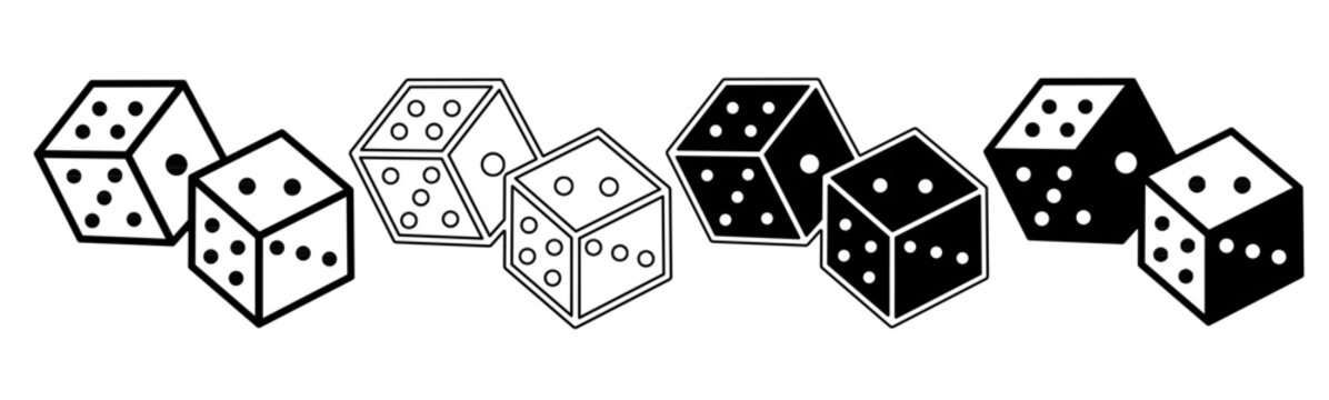 A collection of minimalist dice icons featuring outline and solid black and white styles.