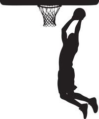 Dynamic Basketball Player Silhouette Slam Dunk Action Above Hoop for Sports Design and Athletic Event Promotion © mdsohrab