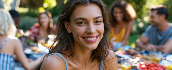 Fototapeta premium A happy family gathers around a colorful picnic spread for a lively outdoor summer barbecue.
