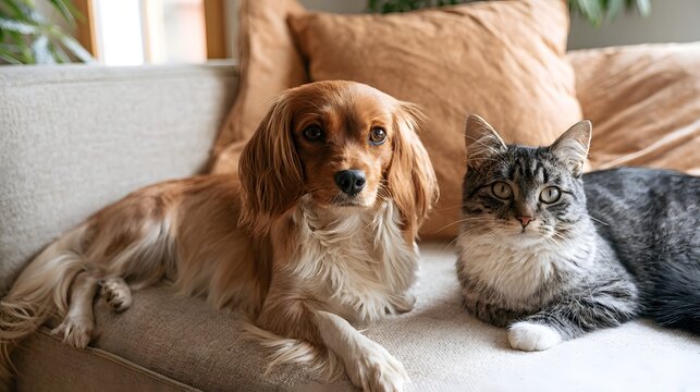 A long haired brown dog and gray tabby cat resting side by side on a light colored sofa with soft cushions