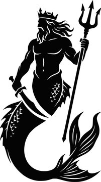 Black silhouette of merman Triton holding a trident and sword