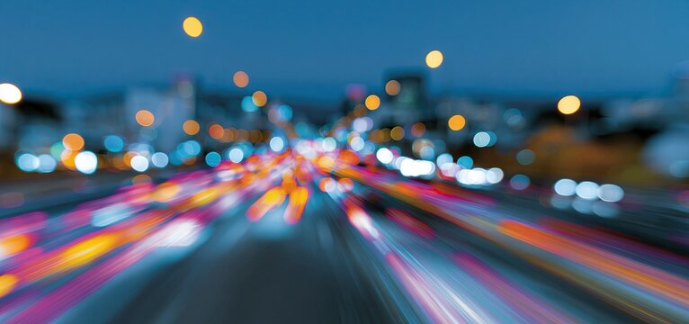 Colorful light trails flow across a bustling city street at twilight, framed by glowing orbs and a lively urban skyline.