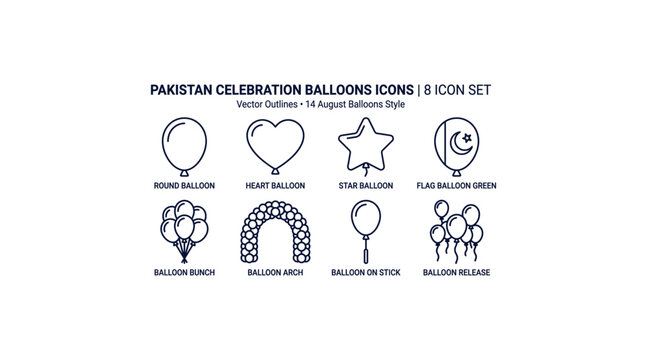  Pakistan Independence Day Balloons Line Icon Set Vector