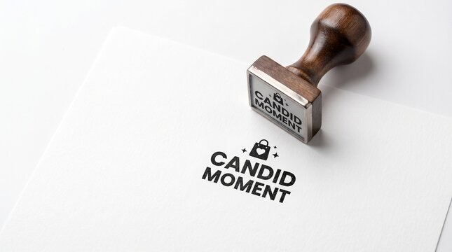 Vintage wooden rubber stamp with Candid Moment logo, black ink imprint on white paper, professional branding identity and corporate stationery