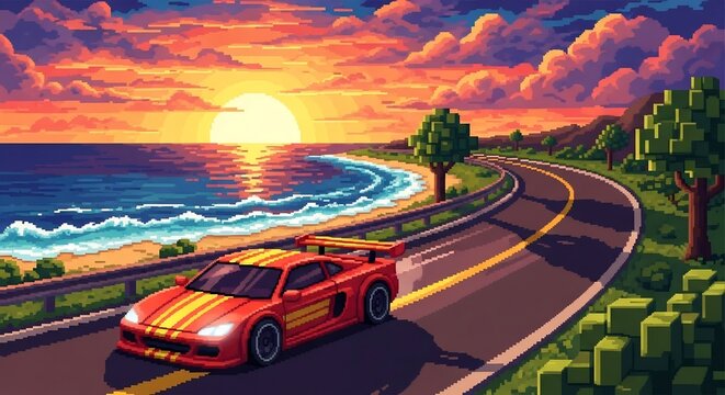 Pixel art of a red sports car on a winding seaside road at sunset.