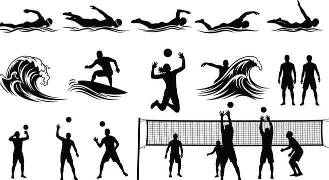 Sports silhouette collection, swimming surfing volleyball actions, athletes in motion, water waves, beach sports, black vector illustration set, design, elements