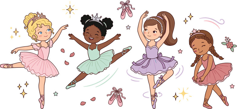Cute ballet dancer clipart collection featuring ballerina girls in tutus performing graceful dance poses vector illustration set