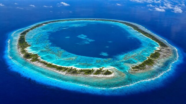 Aerial view of a turquoise coral atoll encircling a deep blue lagoon in the ocean, suited for tropical travel, conservation, and resort marketing.