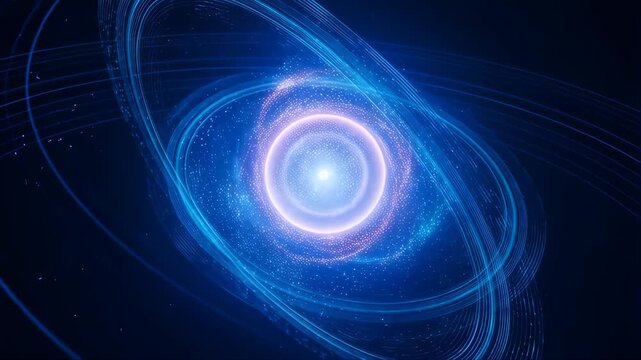 Atom with Glowing Blue Electrons in a Dark Space Background, Digital Illustration of Atomic Structure