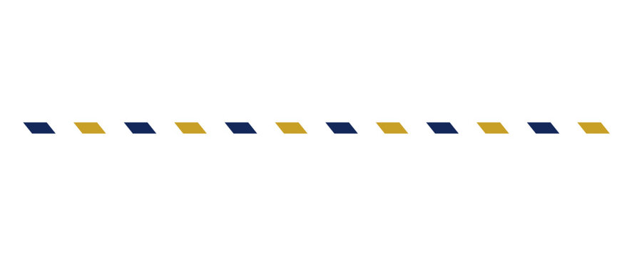 Horizontal divider line with alternating navy blue and gold parallelogram dashes on a white background