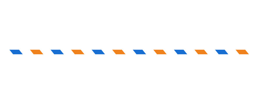Horizontal dashed line composed of alternating blue and orange parallelogram shapes, isolated on a white background, minimalist