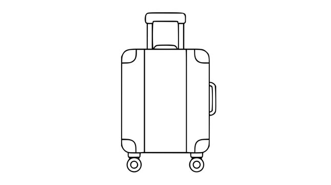 Minimal hand-drawn travel suitcase vector icon with telescopic handle, spinner wheels, side grip and clean outline style, perfect for vacation, airport, luggage, tourism and journey design projects