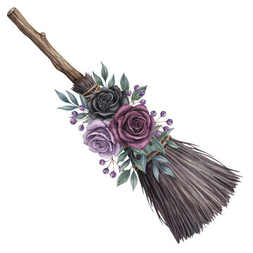 A witch's broom decorated with roses and greenery