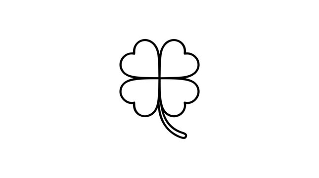 Simple four leaf clover vector icon with bold black outline, rounded heart leaves and elegant curved stem, minimalist hand traced line illustration for good luck, Irish charm, nature and seasonal