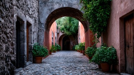 Fototapeta premium A narrow cobblestone alleyway lined with potted plants under stone arches between textured walls