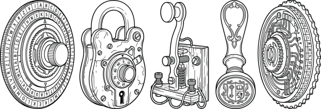 Vintage Cryptography and Security Tools Set Featuring Cipher Wheels Padlock Telegraph Key and Seal