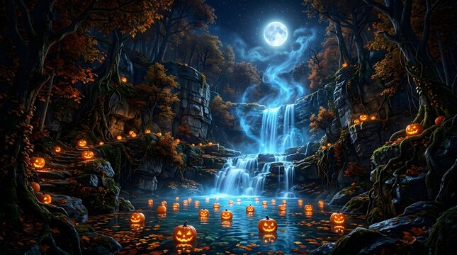 Glowing pumpkins at an enchanted autumn waterfall under a full moon at night