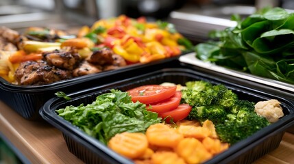 Obraz premium Freshly prepared healthy meals in black containers featuring grilled chicken colorful vegetables and leafy greens on a wooden surface