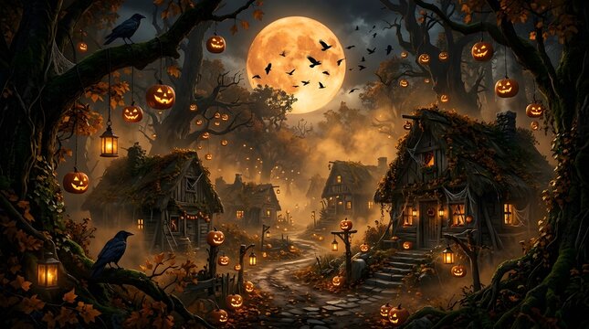 Spooky village with glowing pumpkins and full moon in a dark forest setting