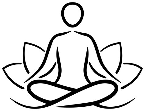 Minimalist black line vector icon of a person meditating in lotus position with drawing person sitting depicts simple black line art spirituality