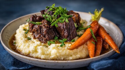 Fototapeta premium Hearty slow-cooked beef served on creamy polenta with vibrant carrots and fresh herbs on rustic plate