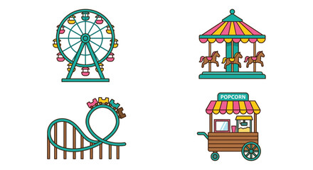 Amusement park ride illustrations a colorful vector depiction of a ferris wheel carousel roller coaster and popcorn stand © Prosanto