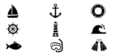 Nautical and maritime icon set with nautical maritime lighthouse lifebuoy flippers vacation navigation transport collection © Dhriti Roy