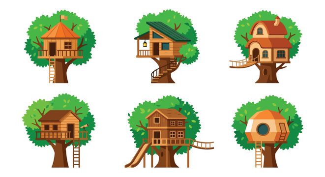 Collection of colorful vector illustrations depicting six different treehouses nestled within lush green foliage treehouse tree houses dwellings
