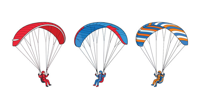 Three colorful parachutes with suspended figures depicted in a vector illustration against a white background paragliding skydiving digital