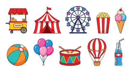 Carnival themed vector illustration featuring a food cart tent ferris wheel and assorted fairground items amusement park balloons © Prosanto