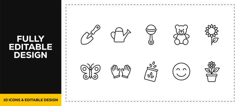 flat vector illustration line art icon bundle set design illustrating baby care toddler toys smiling kid faces children play items newborn infancy growth graphics web UI