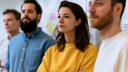 Obraz premium A group of people standing near a whiteboard covered with colorful sticky notes and simple sketches